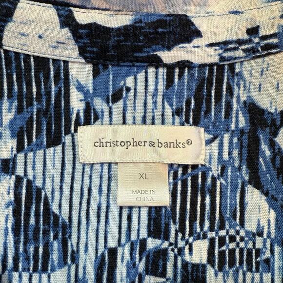 Christopher & Banks Linen Shirt Top Womens Size XL Blue Floral Beachy Coastal - Picture 4 of 8